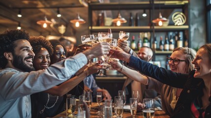 Poster - A group of people raising glasses in a toast at a networking event. 