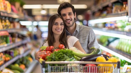 Poster - A happy couple in a supermarket, pushing a shopping cart full of groceries and looking at the camera with enthusiasm. 