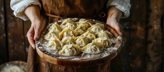 Poster - A cook in a brown apron holding a round wooden cutting board with khinkali and manti against a copy space image