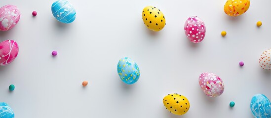 Fototapete - Colorful Easter eggs on white background create a stylish image suitable for various uses featuring a flat lay with top view for a mockup or template with copy space image