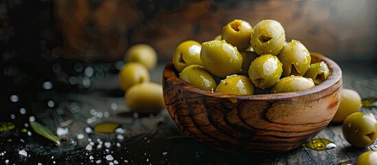 Aufkleber - A dark background beautifully showcases a wooden bowl of green olives drizzled with olive oil and sprinkled with salt perfect for copy space image