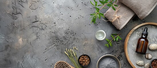 Poster - Flat lay composition of a spa set massage product for aromatherapy on a concrete background with copy space image