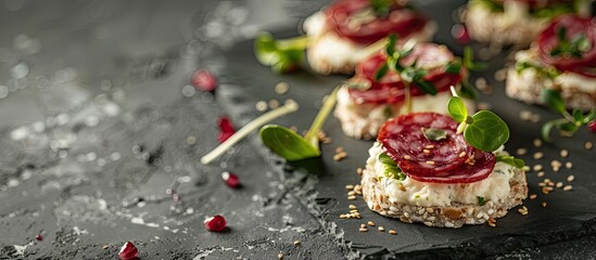 Poster - Delicious canapes with salami greens and cream cheese are presented on a gray table with copy space image available