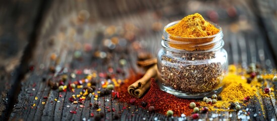 Poster - Close up shot of mixed spices in a glass jar on a weathered board with space for text under dramatic lighting for an artistic effect Contains a copy space image