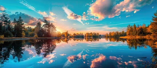 Aufkleber - Beautiful sunset by the serene lake with trees and clouds mirrored on the glassy water against a vivid blue sky ideal for a copy space image