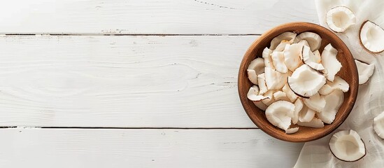 Poster - Coconut slices arranged in a bowl on a white wooden table with a blank space for an image. Creative banner. Copyspace image