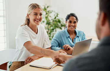 Aufkleber - Business people, meeting and handshake with professional, thank you and press deal. Working, agreement and smile and publisher company with communication and writing contract success in office
