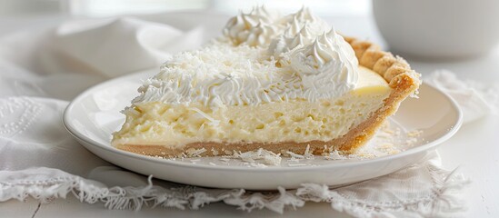 Poster - Coconut cream pie displayed on a white plate with a light cloth napkin underneath in a setting suitable for a copy space image