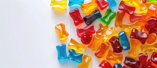 Aufkleber - Top view and close up photo of gummy candies featuring a bright and colorful arrangement on a white background with copy space image