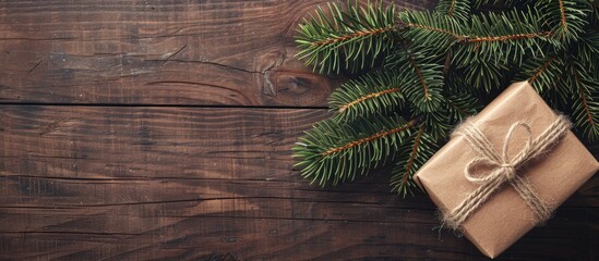 Aufkleber - A Christmas present box sits beside a fir tree branch on a wooden table seen from above with room for text or an image in the scene. Creative banner. Copyspace image