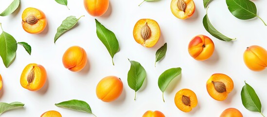 Aufkleber - Apricot fruits with leaves isolated on a white background providing ample copy space in a top down flat lay pattern
