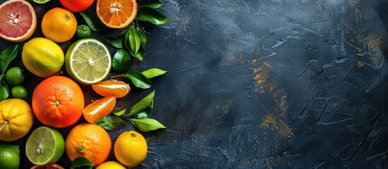 Poster - Citrus fruits like tangerines lemons limes oranges and grapefruits arranged on a dark table with space for text in the image. Creative banner. Copyspace image