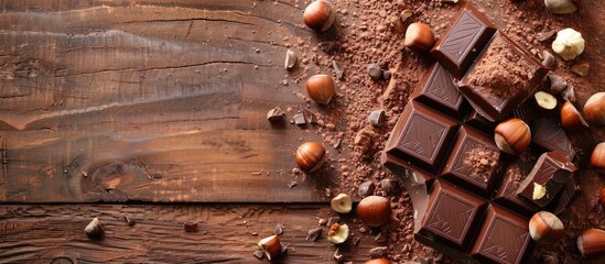 Aufkleber - Delicious milk chocolate topped with cocoa powder and hazelnuts on a wooden backdrop with copy space image
