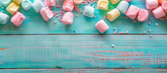 Aufkleber - Colorful wooden background with sweet marshmallows and copy space image