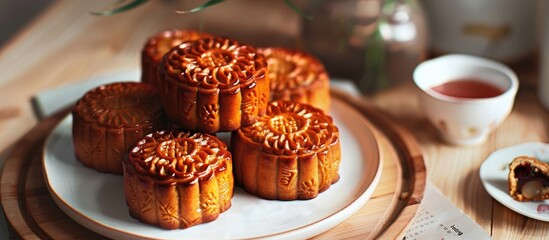 Poster - Chinese yue bing moon cake showcasing retro vintage style for the Zhongqiujie festival with a traditional appearance perfect for the holiday. Creative banner. Copyspace image
