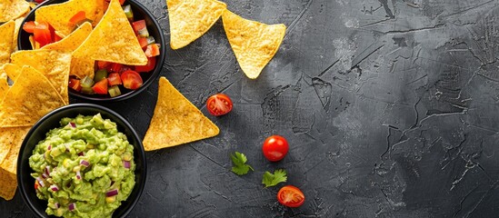 Poster - Top down view of nachos with guacamole displayed on a gray concrete surface perfect for a copy space image representing traditional Mexican cuisine