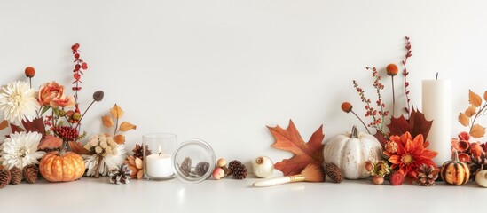 Aufkleber - Autumn themed arrangement including flowers candle glasses brush and decorations with copy space image on a white background