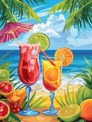 Aufkleber - Two colorful cocktails with fruit garnishes and umbrellas rest on a beach with palm trees and the ocean in the background. Generative AI