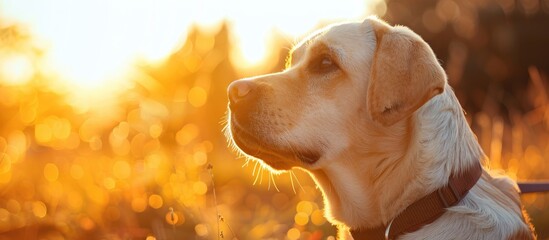 Poster - Adorable yellow labrador retriever outside in the sunshine with copy space image