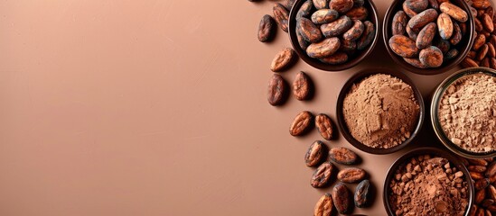 Poster - Cocoa beans powder and chocolate jars displayed on a bright background with room for a copy space image