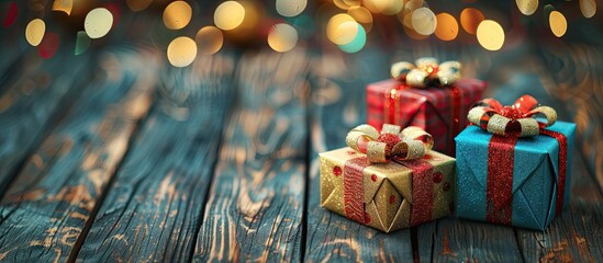 Fototapete - Christmas and New Year themed colorful gift box paper on a brown wooden surface with a selective and softly focused background ideal for adding a copy space image