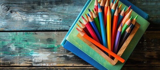 Aufkleber - Colorful pencils neatly arranged in a box on top of a book ideal for a back to school theme with available space for inserting images in a top down perspective. Creative banner. Copyspace image
