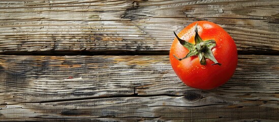 Aufkleber - Closeup of a ripe tomato on a wooden surface with copy space image