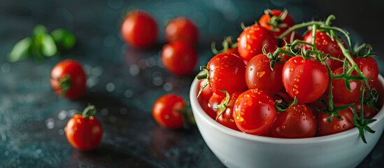 Poster - Bowl filled with ripe cherry tomatoes with copy space image