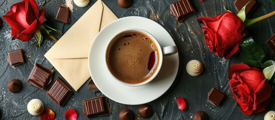 Aufkleber - A cup of coffee surrounded by chocolate candies roses and an envelope with a copy space image