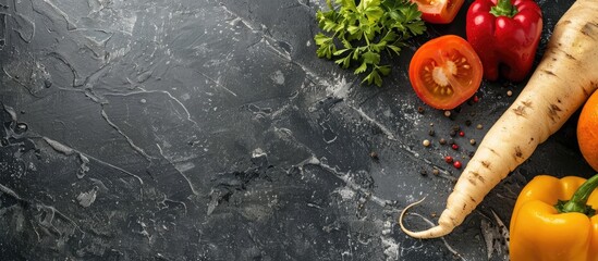 Fototapete - Dark grey table with delicious baked parsnip and bell pepper on parchment suitable for copy space image