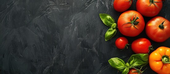 Poster - Dark background showcasing vegetables with ample copy space for a healthy meal menu pricing details against a black chalkboard backdrop featuring tomatoes