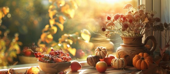 Poster - A collection of autumn themed props bathed in golden afternoon sunlight creating a cozy ambiance for a photo with ample copy space image