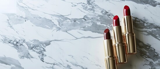 Poster - Cosmetic items such as lipsticks displayed on a marble backdrop with copy space image