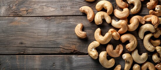 Wall Mural - Top view of cashew nuts on a wooden table with ample copy space image