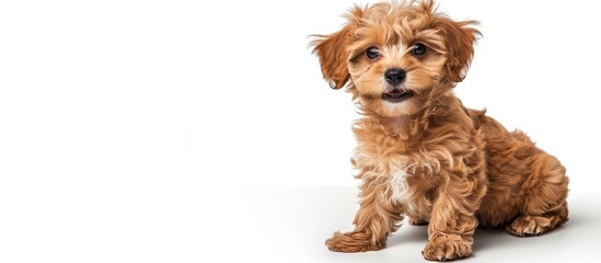 Poster - Adorable Brown Maltipoo puppy isolated on a white background with a happy and funny expression suitable for advertising with ample copy space image
