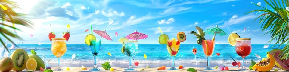 Aufkleber - A row of colorful cocktails garnished with fruit and umbrellas sit on a beach with an ocean backdrop. Generative AI