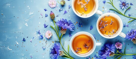 Poster - A flat lay arrangement featuring tea and cornflowers on a bright tabletop with room for text in copy space image