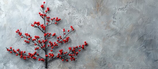 Poster - Creative Christmas concept depicted through Christmas tree branches with red berries arranged as a tree shape on a gray background composing a festive copy space image