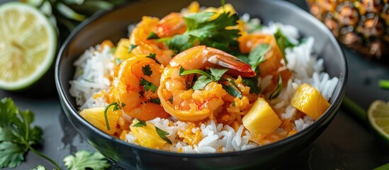 Poster - Cooked rice stir fried with pineapple and shrimp topped with cilantro and served over jasmine rice creating a blend of sweet and savory flavors against a backdrop of tropical fruits suitable for use