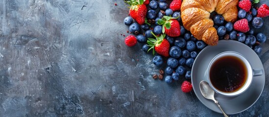 Poster - Top view of a breakfast themed image featuring fresh berries a croissant and coffee designed with space for additional content
