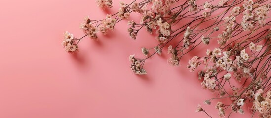 Sticker - Flat lay composition with dried flowers arranged on a soft pink background offering a minimalist aesthetic with ample copy space for customization