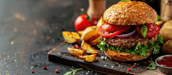 Poster - A delicious homemade burger paired with potato wedges and fresh vegetables perfect for summer barbecues restaurant menus or food blogs Ideal for American cuisine enthusiasts the image includes copy s