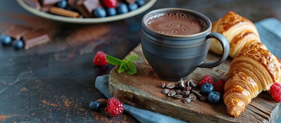 Poster - A cozy image of hot chocolate with French croissants berries on a wooden board suitable for adding text Focus is selective. Creative banner. Copyspace image