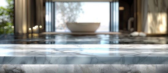 Poster - Blank marble table with blurred bathroom backdrop suitable for product display montage features ample copy space image
