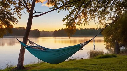 Wall Mural - hammock with lake backdrop.Seamless 4k time lapse virtual video animation background