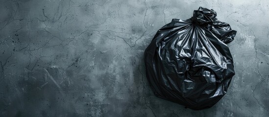Aufkleber - Black garbage bag filled with trash on a concrete floor background with copy space image
