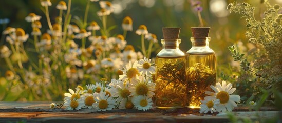 Canvas Print - Bottles of medicinal herbs highlight chamomile oil extract with a selective focus on nature in a copy space image