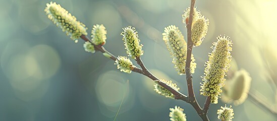 Canvas Print - Close up image of the first catkins against a spring background with copy space