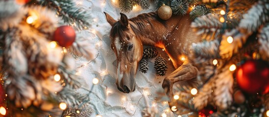 Poster - Top view of a Christmas composition with a horse spruce branches tinsel cones and lights featuring flat lay style and offering copy space image
