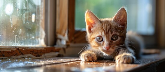 Poster - Close up of a kitten on a windowsill with copy space image